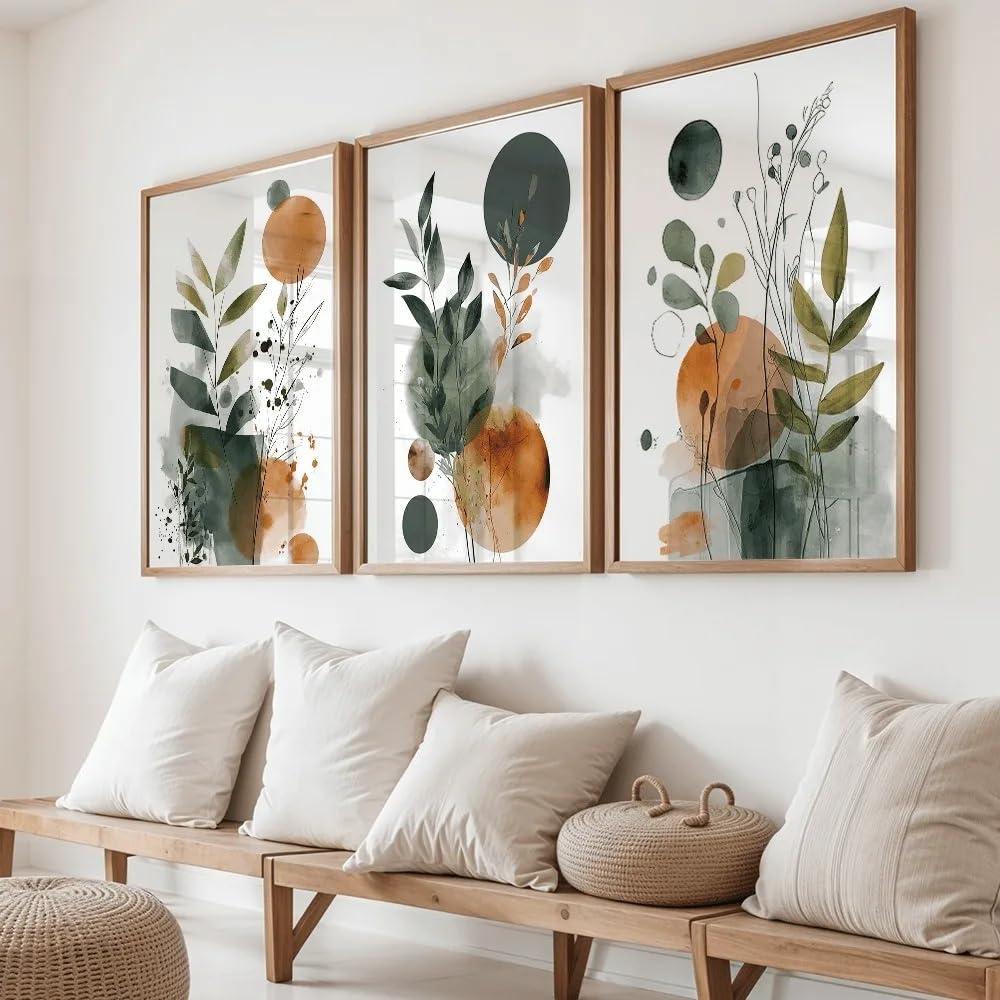 Gosrd Frameless Nordic Plant Line Art Prints Orange And Sage Green Floral Canvas Painting Wall Decoration(60X85cm-3Pcs)