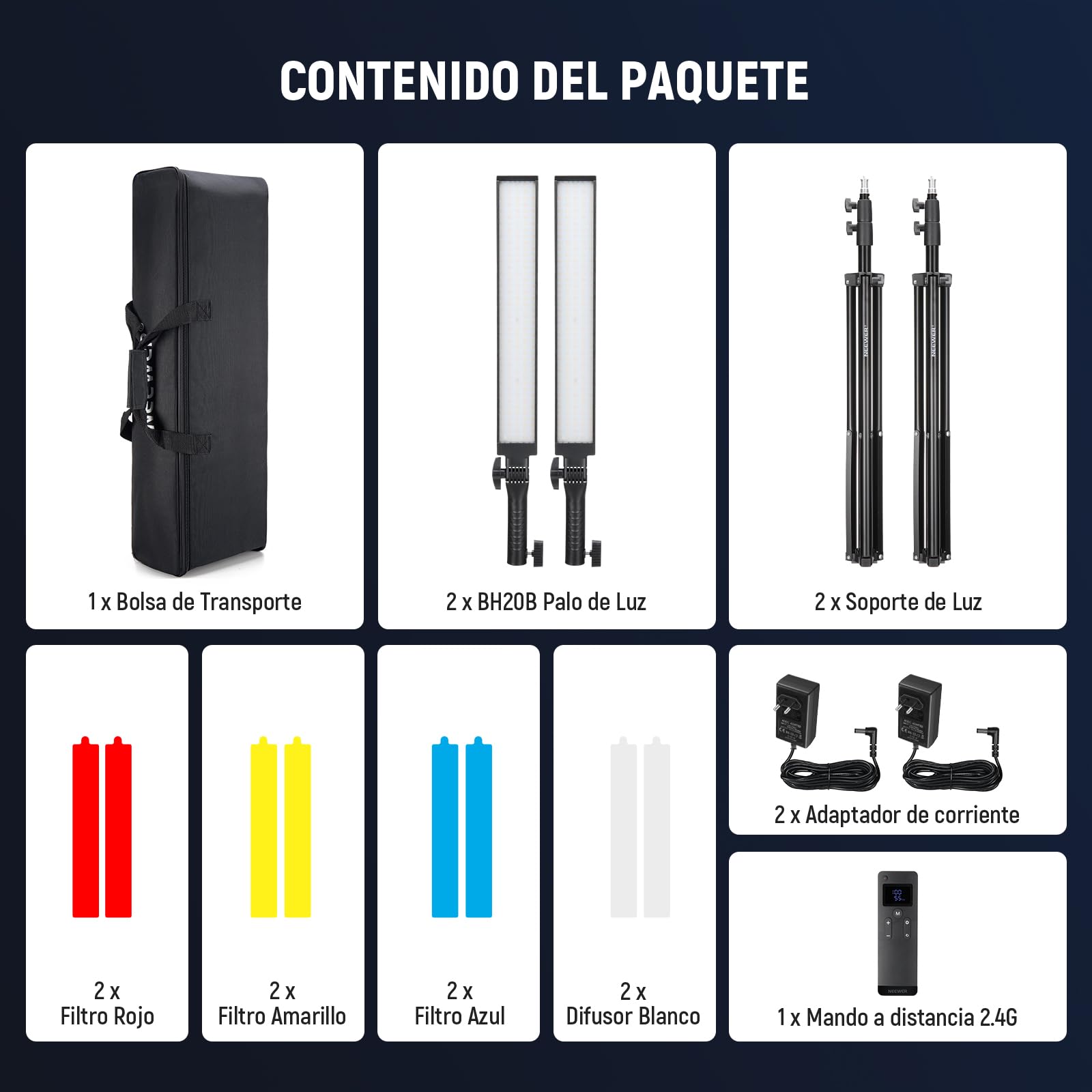 NEEWER Barra de Luz Vídeo LED Mejorada y Kit Remoto 2,4G, Paquete de 2 Iluminación Regulable 3200K~5600K CRI97+ con Soportes/Filtros/Bolsa para Grabación Youtube, Fotografía, Juegos, BH20B Negro