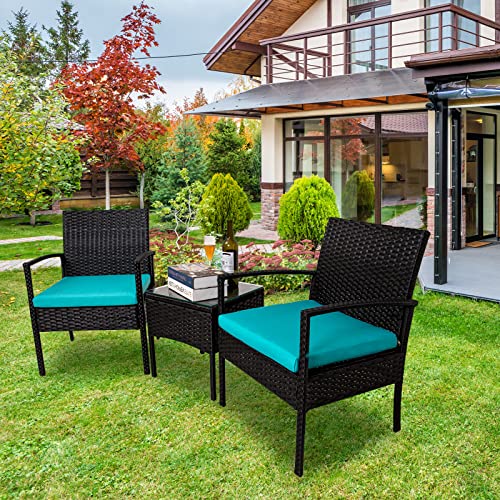 Mxfurhawa Patio Furniture Set 3 Pieces Outdoor PE Rattan Wicker Chairs with Tempered Glass Tabletop Outdoor Porch Conversation Furniture Sets for Garden, Poolside or Balcony (Lakeblue 1)