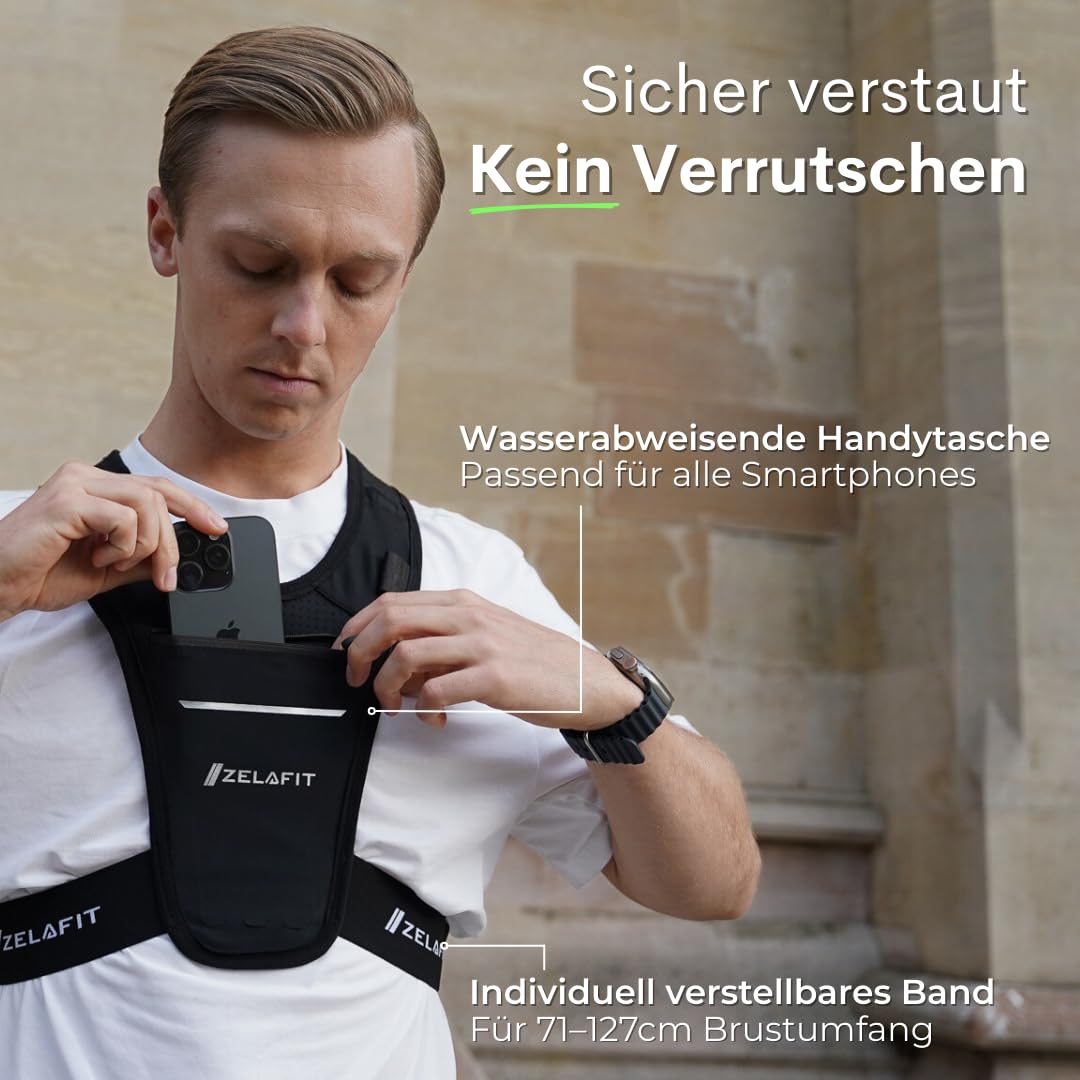 ZelaFit® Laufweste für Damen und Herren, Einheitsgröße, verstellbar, leichte Laufweste mit Reflektoren, wasserdichter Handytasche, Schlüsselhalter, kompakte Alternative zum Laufrucksack (Schwarz)