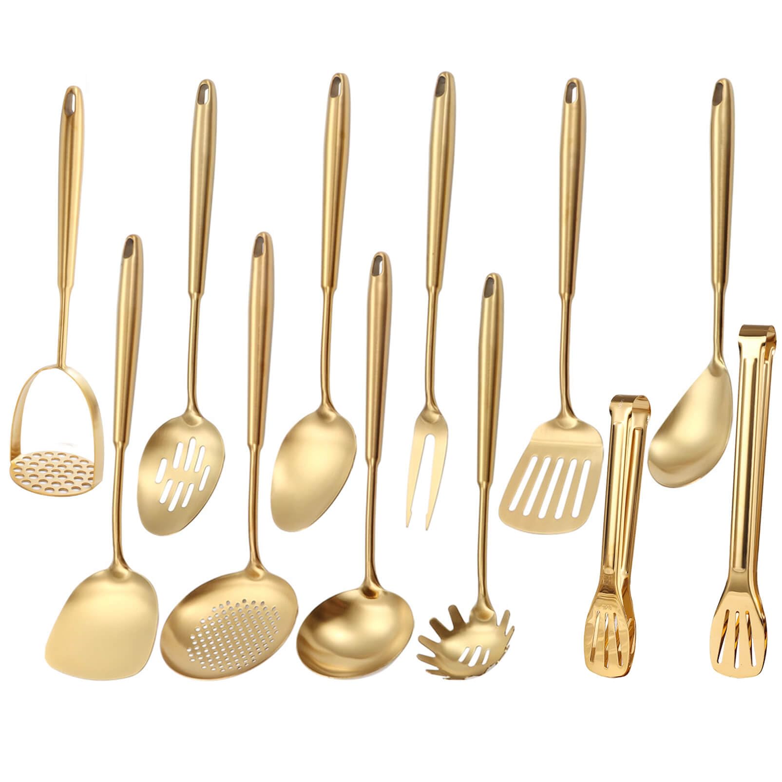 Ensemble d'ustensiles de cuisine dorés, 12 ustensiles de service en laiton mat, outils de cuisine en acier inoxydable 18/10 – Presse-purée, pince, fourchette à viande, spatule, spatule, louche