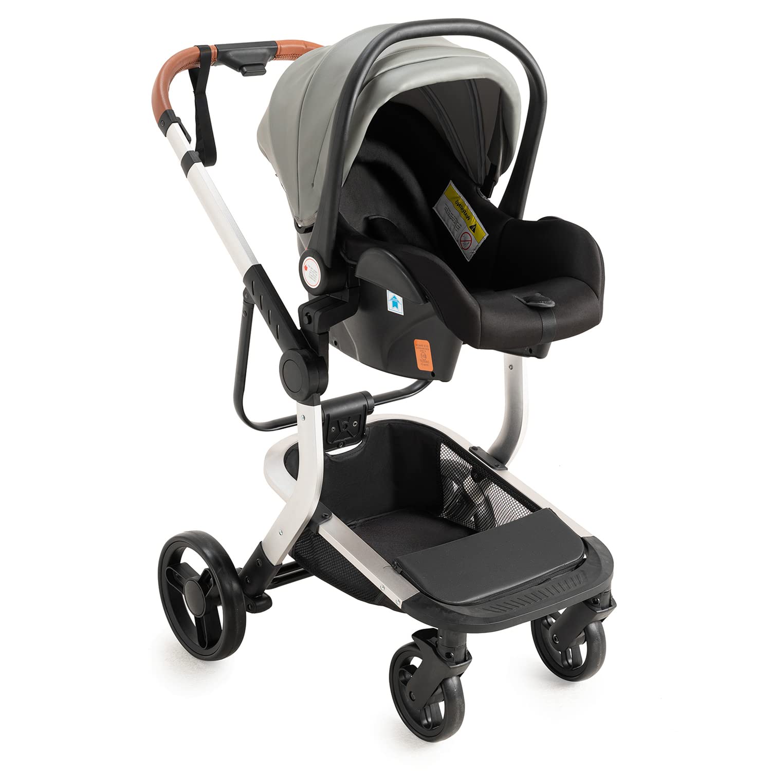 Prokoke Pelle PU Passeggino Trio, Trio Passeggino Neonati con Due Modi Reversibili per Spingere, Passeggino 3 in 1 con Una Lega di Alluminio a Cornice, Trio con Design Pieghevole in Un Clic (Grey 518)