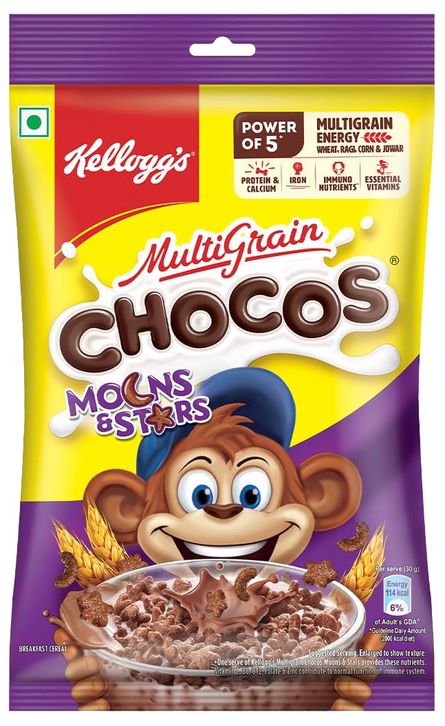 Kellogg's Multigrain Chocos Moons & Stars 170g | High in Calcium & Protein, Essential Vitamins, Iron & Immuno Nutrients, Source of Fibre | Breakfast Cereal for Kids