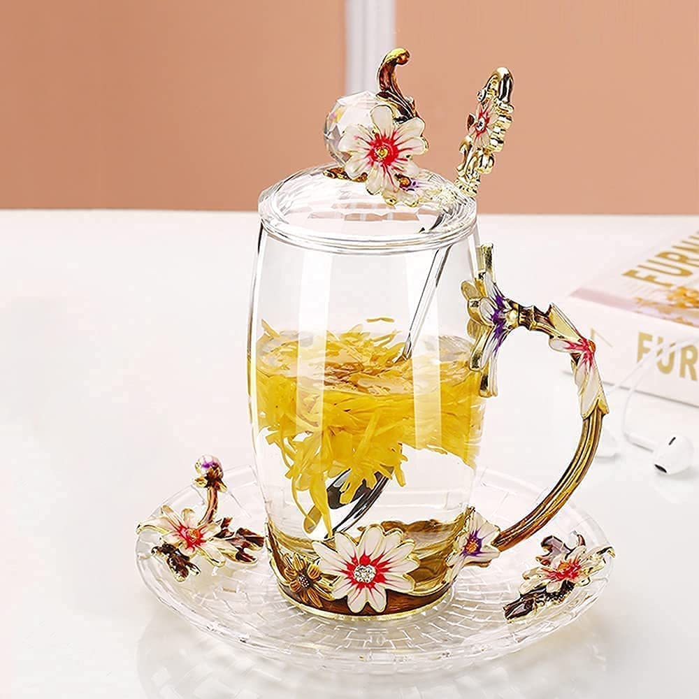 Kaffeetassen aus Glas mit Blumenmotiv, Emaille-Glasbecher, Emaille-Blumen-Teeglas, Kaffeetasse, Glasbecher, Blume mit Deckel, Glastasse für Tee, Getränk, Kaffeetasse mit handgefertigter Emaille 3D