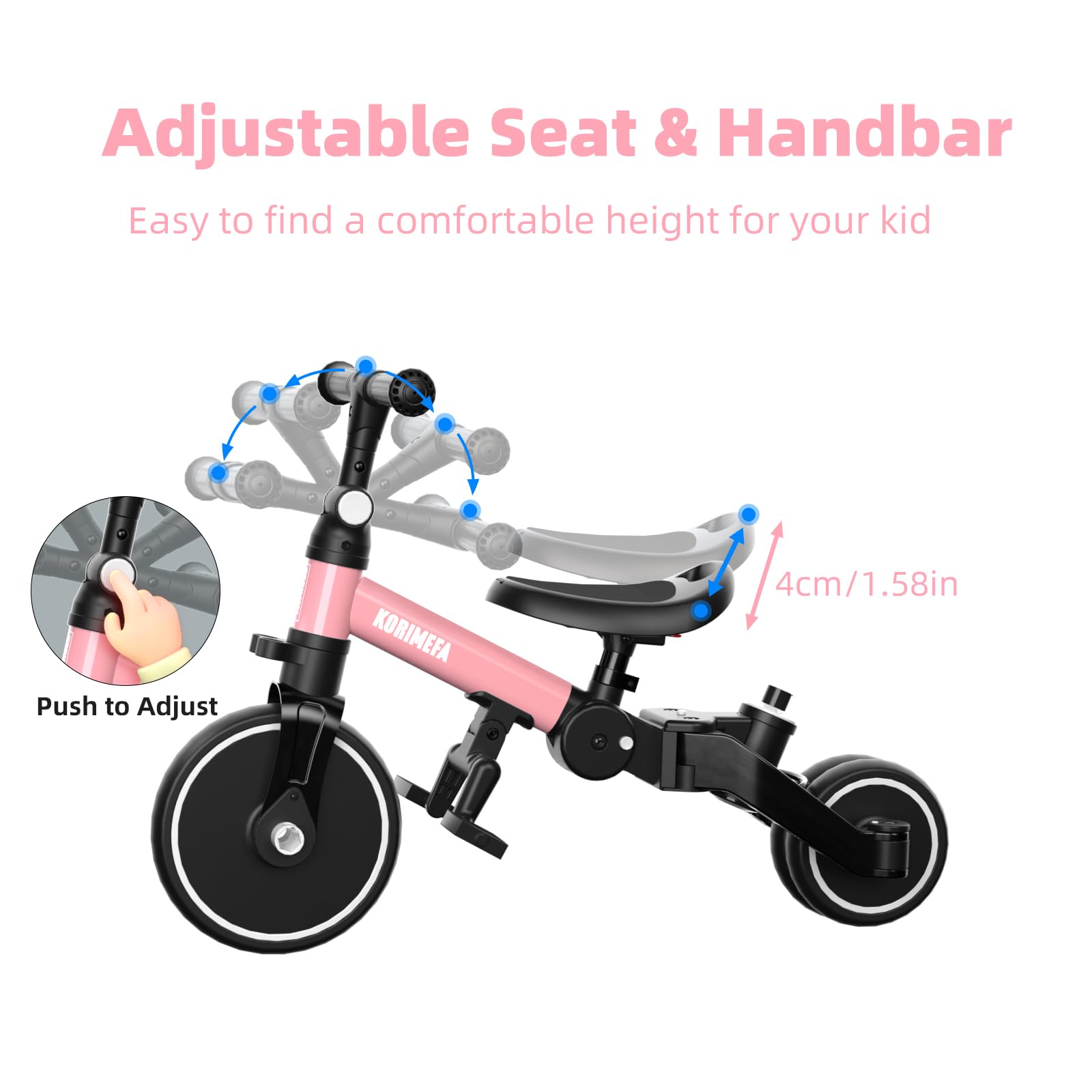 KORIMEFA Bicicletta per bambini, Triciclo a 3 ruote per bambini da 1-3 anni,maniglia di spinta, pedale rimovibile,schienale,maniglia di guida per i genitori,Natale per il primo compleanno (Rosa)