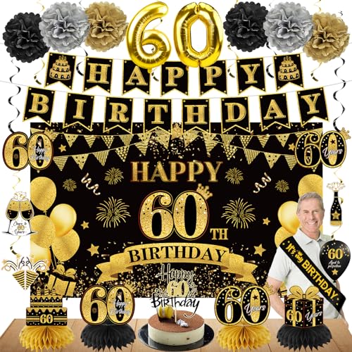 Eucutur SX00321 42Pcs 60Th Birthday Decoration Kit For Men Women, Black Gold Happy 60Th Bday Banner Balloons Honeycomb Centerpiece Swirl Paper Pompoms Party Supplies cover