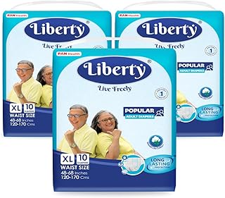 Liberty Popular Adult Diapers, Tape Style, Extra Large (XL) Size, 30 Count, Waist Size (120-170cm | 48-68 inches), Unisex, High Absorbency, Leak Proof, Wetness Indicator, Pack of 3,10 Count/Pack