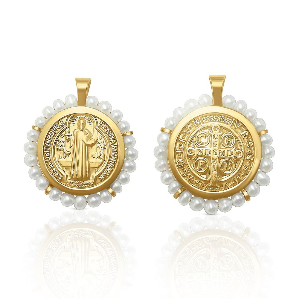 Medalla Colgante San Benito Oro de Ley con Perlas Cultivadas, 19 mm