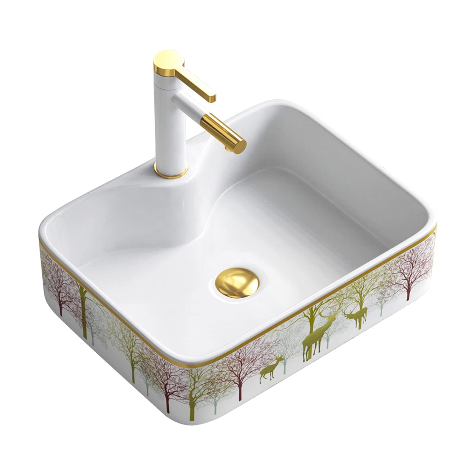 Gljtuo Gold/White Bathroom Sink 15.9X11.8 Inch Bathroom Vessel Sink -Plated Decorative Pattern Rectangle Vessel Sink Decorative Art Above Vanity Counter Porcelain Ceramic Sink