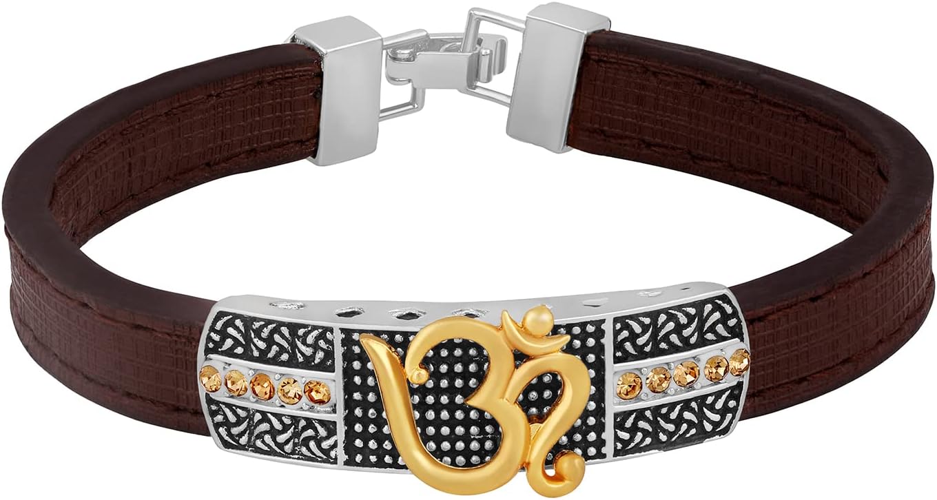 MahiOm Engraved Broad Leather Bracelet Kada with Crystals for Men (BR1101008M)