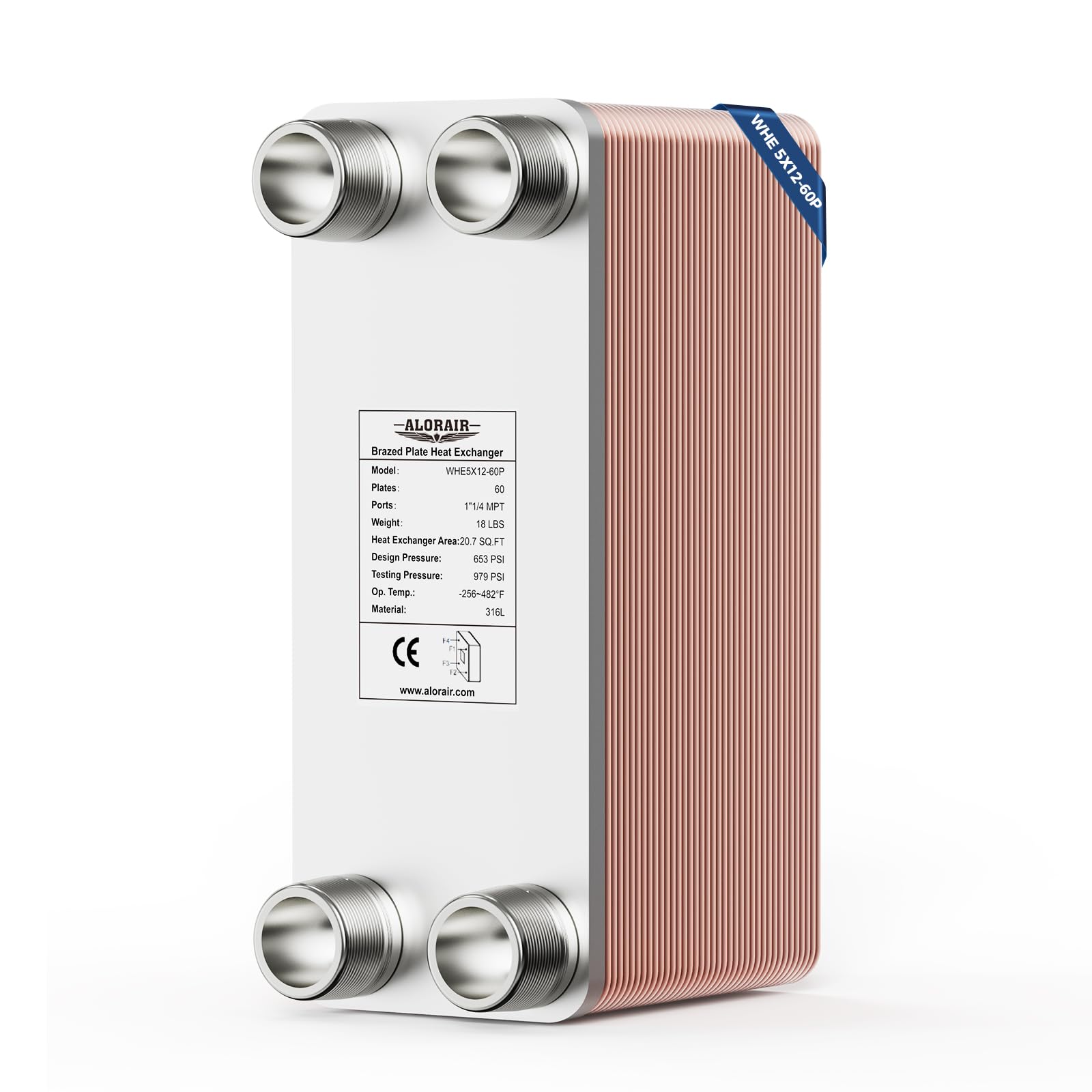 ALORAIR 5"x12" 60 Plates Heat Exchanger with 1-1/4" MPT Port,316L Stainless Steel Water to Water Brazed Plate Heat Exchanger for Floor Heating, Water Heating, Commercial and Industrial Refrigeration