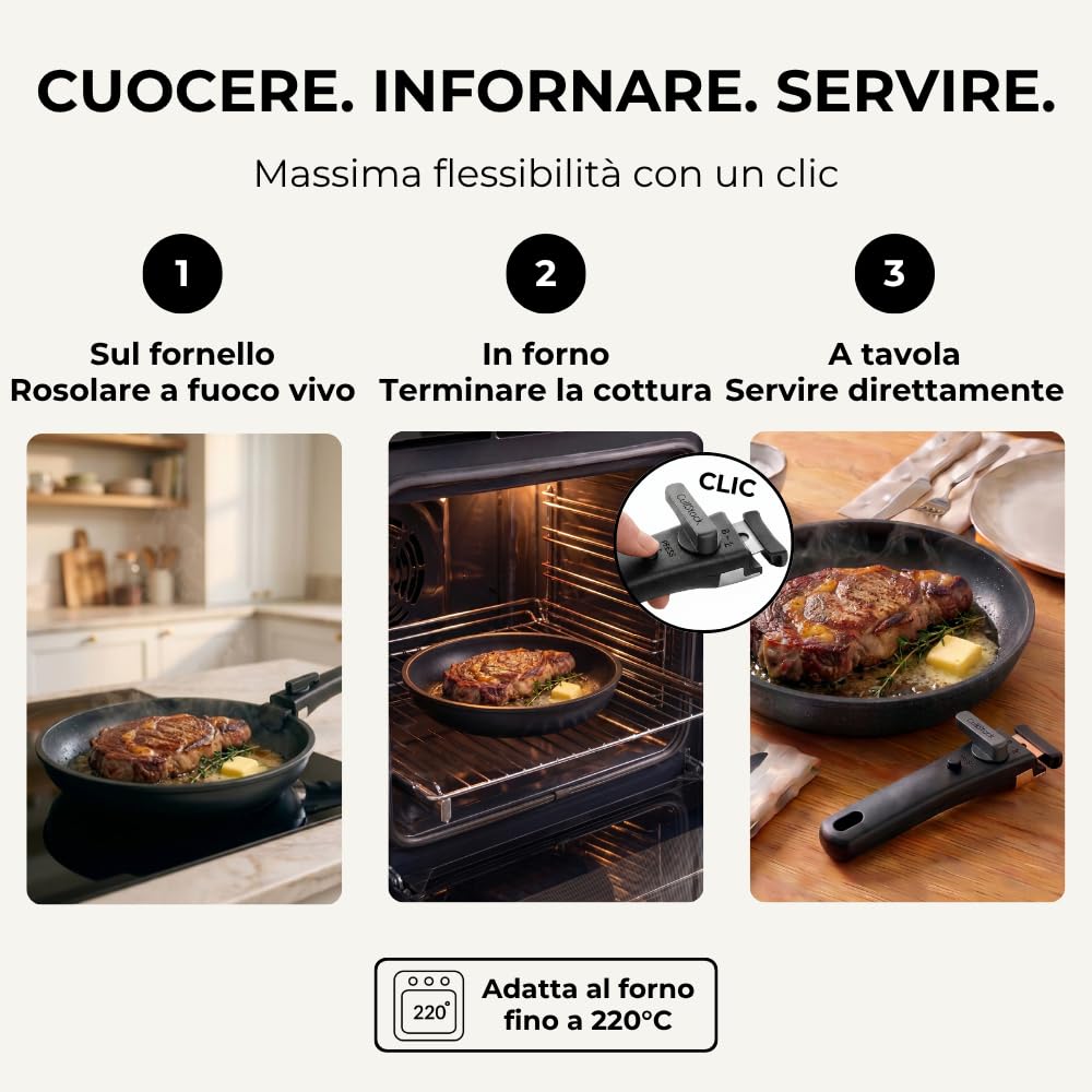 Pro - Set di pentole e padelle a induzione, 12 pezzi, manico rimovibile, impilabile, salvaspazio, adatto al forno, senza PFAS, rivestimento antiaderente, coperchio in vetro con bordo