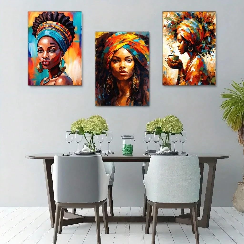 Tuschezeichnungen für die Wanddekoration, Kunst von Frauen mit schwarzer Hautfarbe, farbenfrohe Poster, Café, Bar, Wohnzimmer, Wanddekoration für Zuhause (70 x 100 cm x 3/ohne Rahmen)