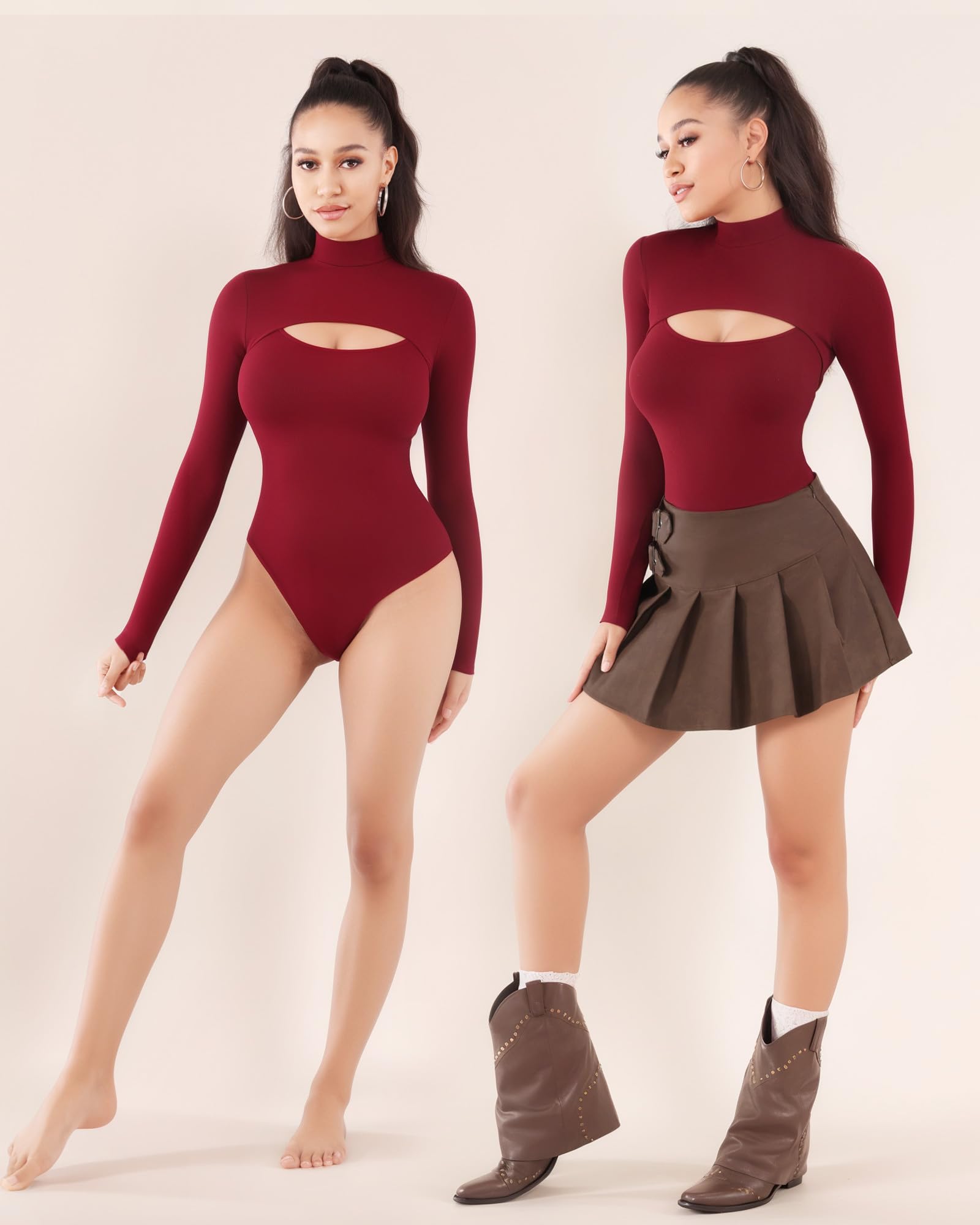 MANGOPOP Women's Mock Neck Cutout Front Bodysuit Long Sleeve Sleeveless Turtle Neck Body Suits Sexy Tops: Long Sleeve XX-Large 05 Burgundy Long Sleeve