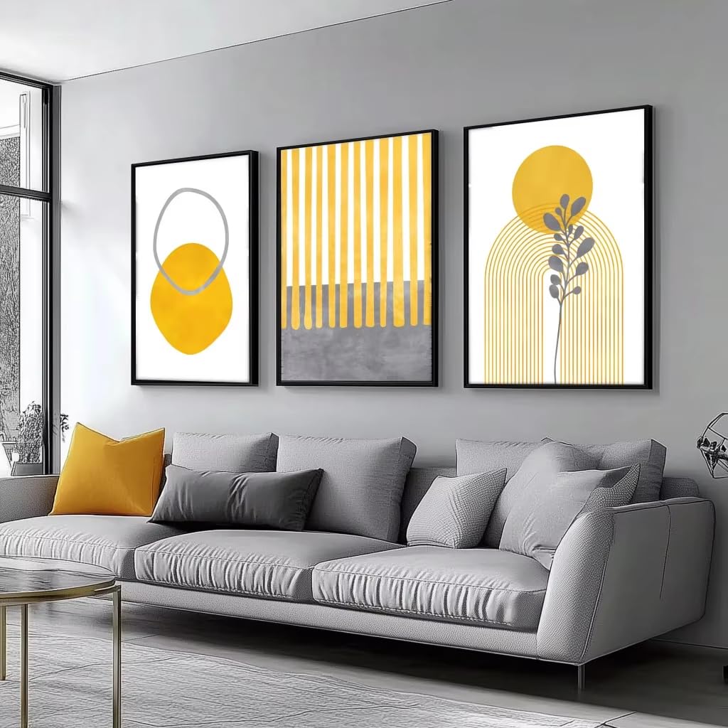 DFZEWKI Láminas decorativas geométricas abstractas en tonos amarillo mostaza y gris. Lienzo con arte floral moderno para decoración del hogar en la sala de estar (60x80cm (24x31in) x3)