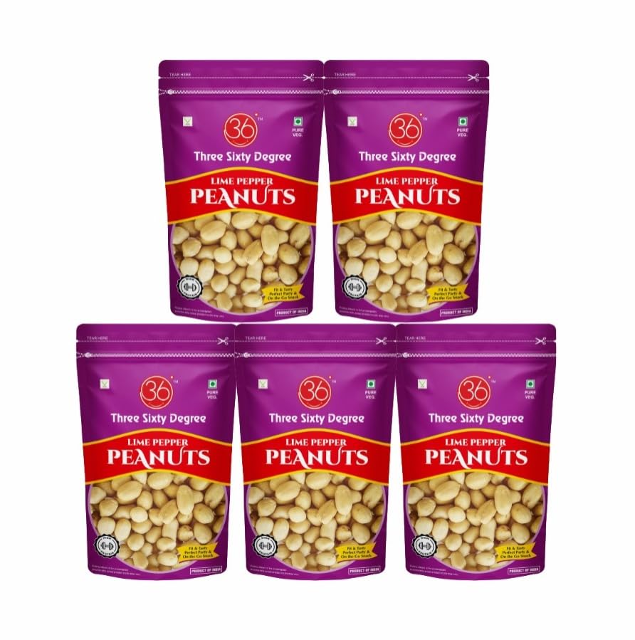 360 Three Sixty Degree Lime & Pepper Peanuts Zipper 140 Grams X 5 = 700 Grams | Khara sing | Mungfali | Crunchy Peanut | Tasty & Nutritious | High Protein | Crunchy & Roasted