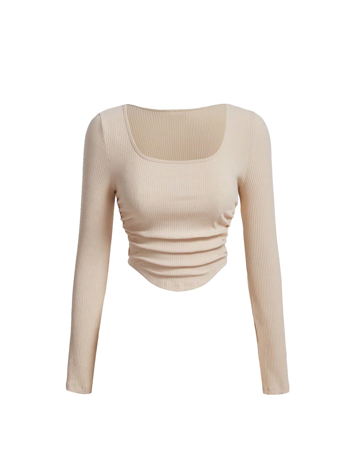 GORGLITTERWomen's Ribbed Knit Scoop Neck Ruched Long Sleeve Tee Shirt Top