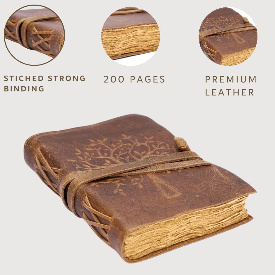 Bless-International Vintage-Rustic-Leather-Bound-Journal-Spell-Book 8"X6"-200-Pages-Handmade-Paper-Diary Writing-Drawing-Sketchbook-Travel Daily-Notepad-For-Men-And-Women (Tree Of Life In Rough Brown)