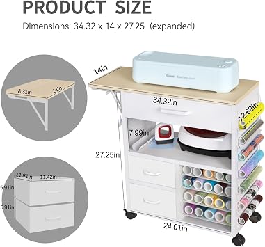 Rolling Craft Storage Cart with Heat Press Cart and Organizers - Compatible with Cricut Machines, Perfect Craft Organization Workstation (White, 27.2 H)