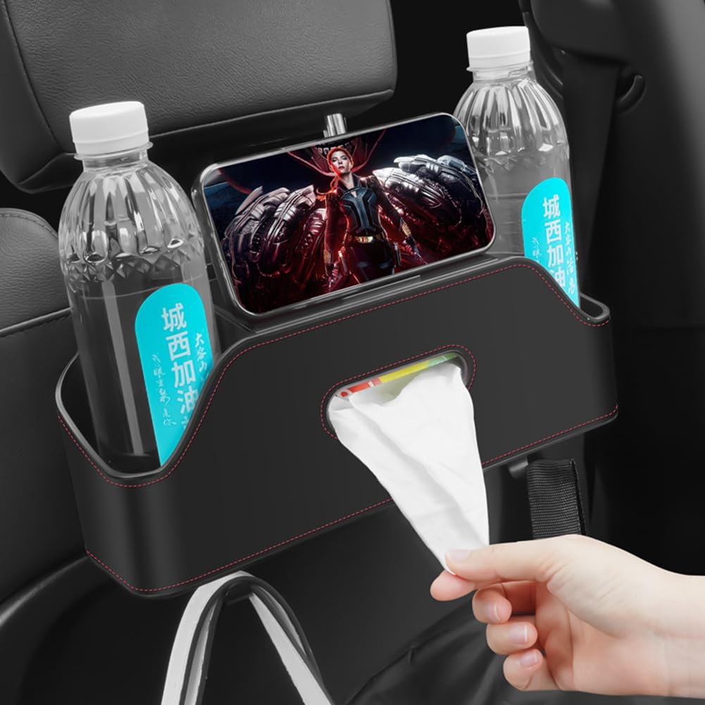 Backseat Car Organizer, Car Seat Organizer, Car Hanging Headrest Backseat Organizer with 2 Drink Cup Holder,Tissue Box and Mobile phone holder for Kids and Travel(Black)