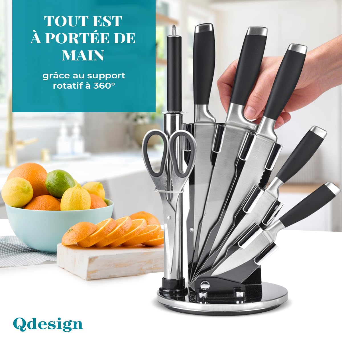 QDESIGN Porte-couteaux acrylique rotatif à 360° + 7 ustensiles de cuisine – Lames en acier inox 3CR14 + poignées douces au toucher- 5 couteaux + ciseaux + bloc de base + fusil à aiguiser– Noir/Argent