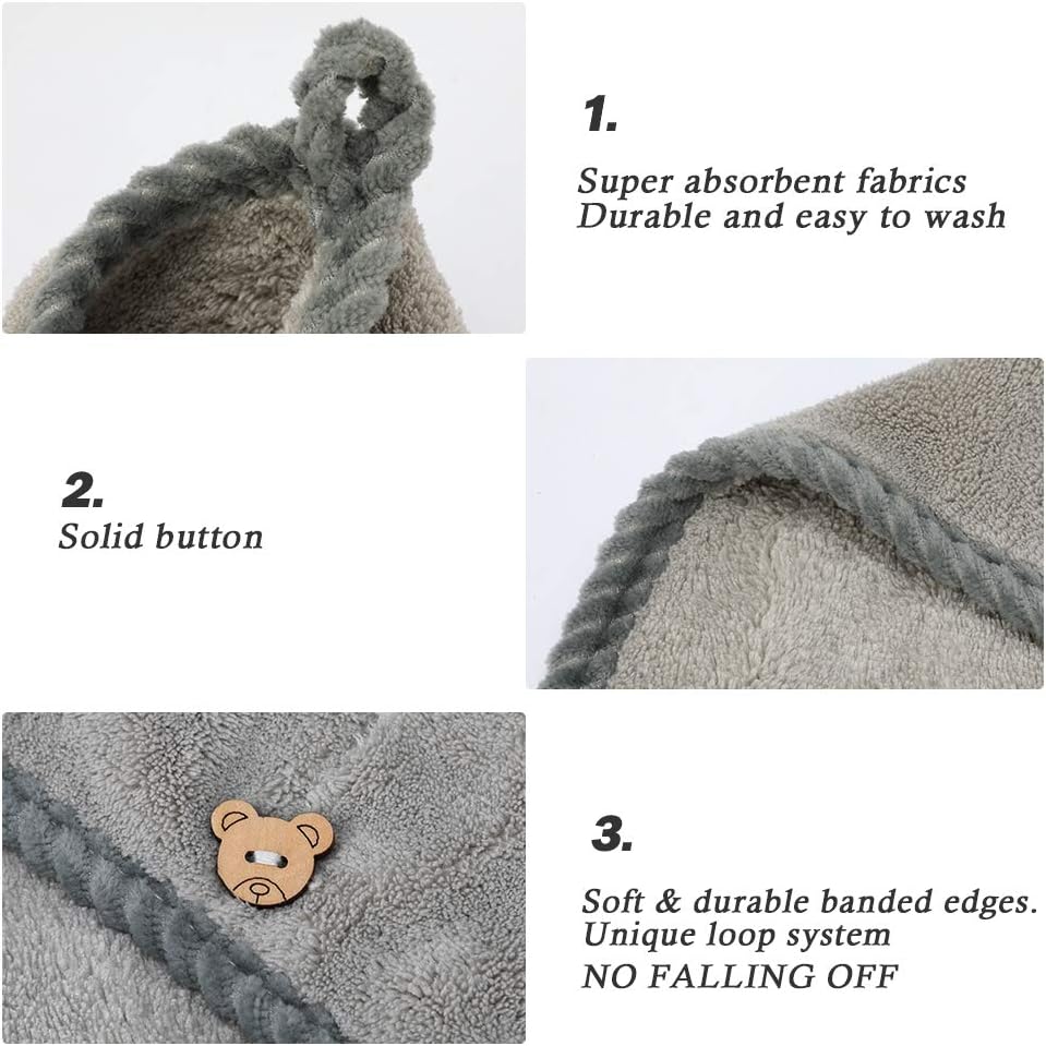 Learja 2 Pack Hair Towel Wrap Turban Microfiber Drying Bath Shower Head Towel with Buttons,Quick Dry Super Absorbent for Long & Curly Hair(Gray