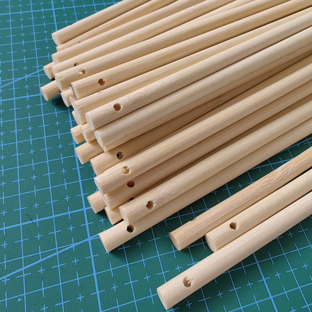 60 pezzi di bastoncini di bambù naturale, legnetti rotondi con foro, bastoncini di legno per fai da te, bastoncini tondi in legno massiccio per artigianato, legno per costruzioni in legno per