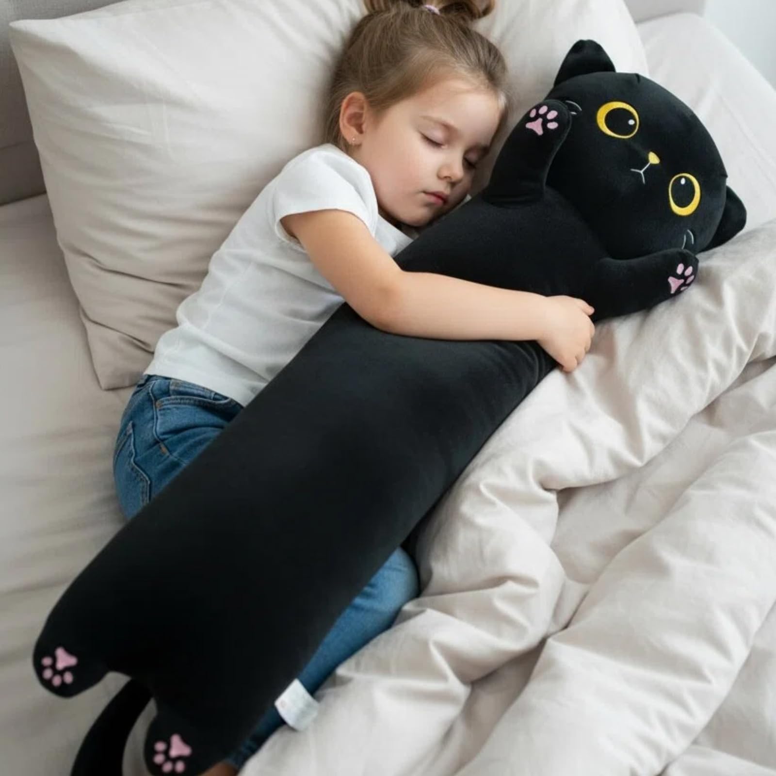 Czarny kot, przytulanka 110 cm, miękka pluszowa zabawka, długa poduszka dla kota do spania i przytulania, duży czarny kot, przytulanka, pluszowa poduszka na ciało dla dzieci