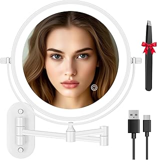 Auxmir Espejo Maquillaje con Luz Recargable, Aumento 1X/20X Doble Cara Giratorio 360, Espejo Baño Pared Extensible Táctil con USB, 3 Colores Brillo Regulable, para Hotel, Blanco