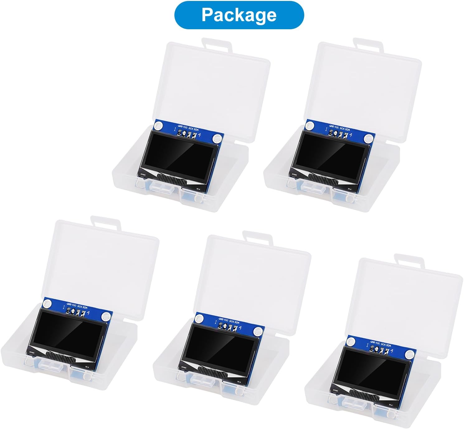 Five 1.3 inch OLED display modules in individual clear plastic cases