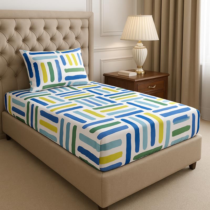 BSB HOME Premium Cotton Elastic Fitted Bedsheets with 1 Pillow Covers |Floral Printed Single Bed Elastic 220 TC Supersoft Breathable & Wrinklefree | for 72x36+6 Inches, White and Green