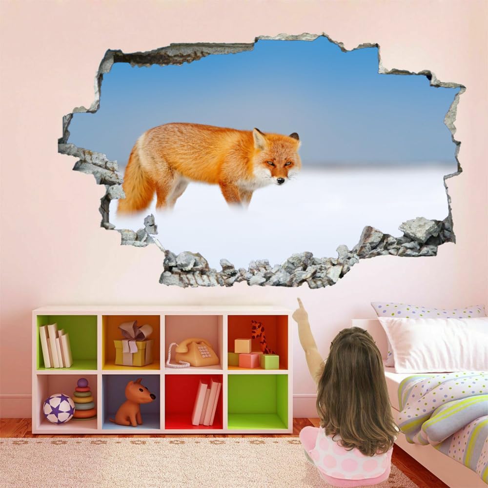 Pegatinas de pared rotas en 3D, Mural de pared de zorro, arte de Animal, guardería, dormitorio infantil, sala de estar, fondo, calcomanía de pared, decoración extraíble para el hogar