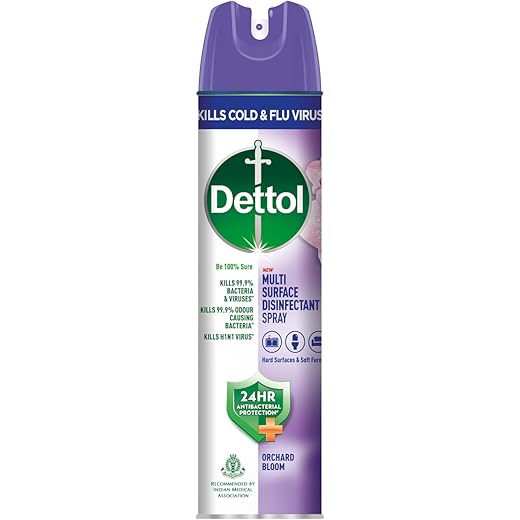 Dettol Multi-Surface Disinfectant Sanitizer Spray Bottle | 24 hours protection| Germ Kill on Hard and Soft Surfaces (Orchard Bloom, 225ml)