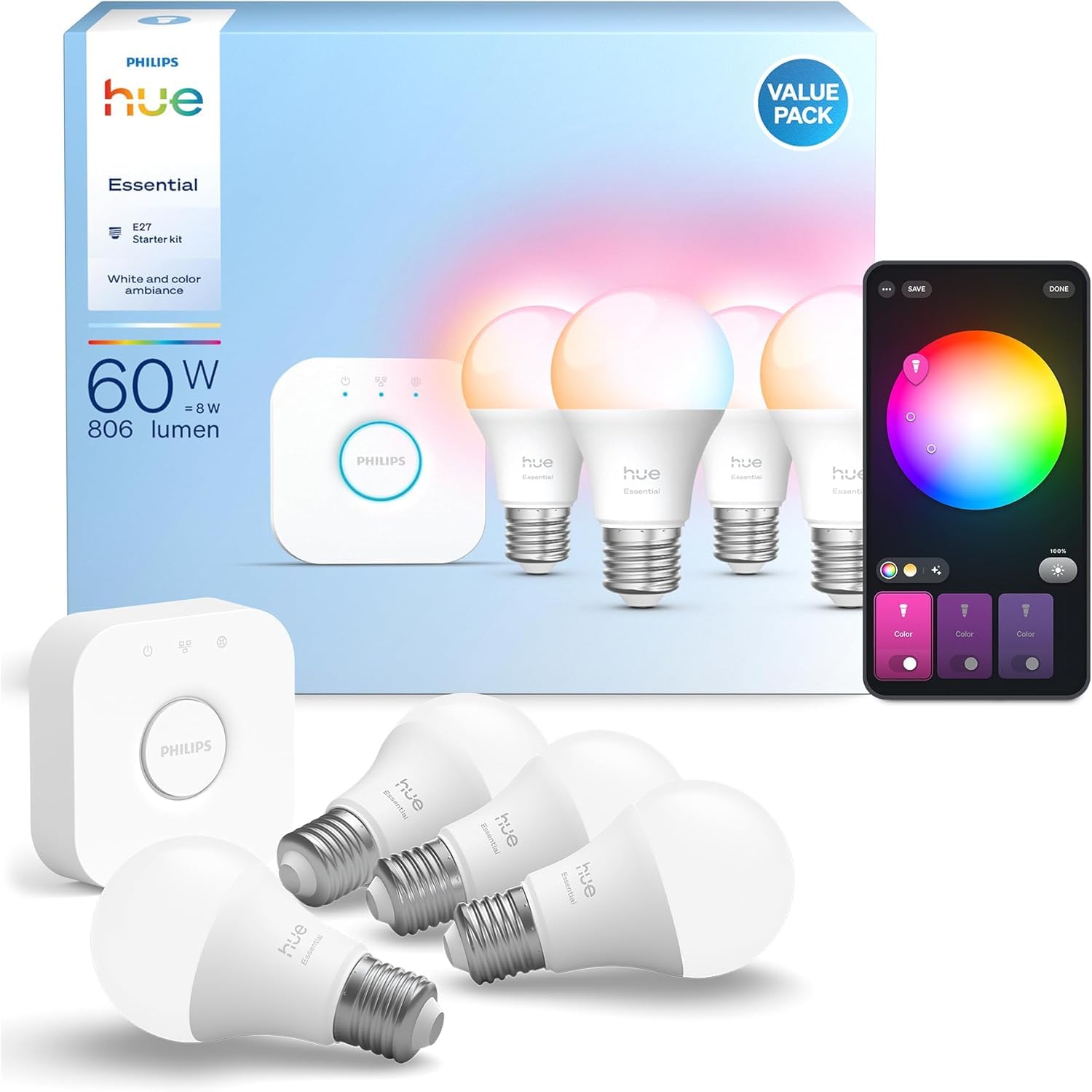 Philips Hue Essential Starter Kit, Con Bridge e 4 lampadine smart E27, Lampadine intelligenti con luce bianca e colorata, Luci smart compatibili con Alexa, Google Assistant e Apple Home