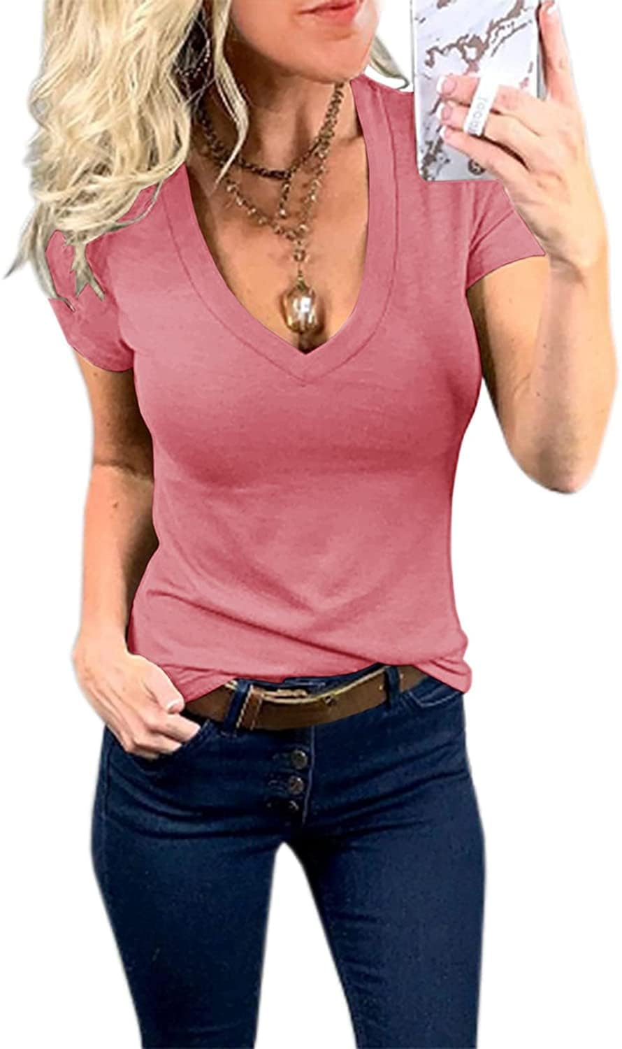 Fessceruna Damen T-Shirt V-Ausschnitt Sexy Kurzarm Shirt Sommer Basic Slim Fit Oberteil