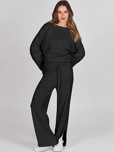 Miniatura 4 de ANRABESS Conjunto de 2 piezas de suéter de punto de gran tamaño para mujer, pantalón de pierna ancha, conjunto de pijama a juego para descansar,