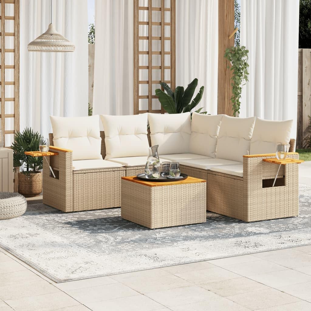 Juego de 6 sofás modulares de jardín de ratán de polietileno con estantes plegables y muelles de gas, espacio de almacenamiento y bolsa impermeable, juego de sofá de exterior de ratán sintético