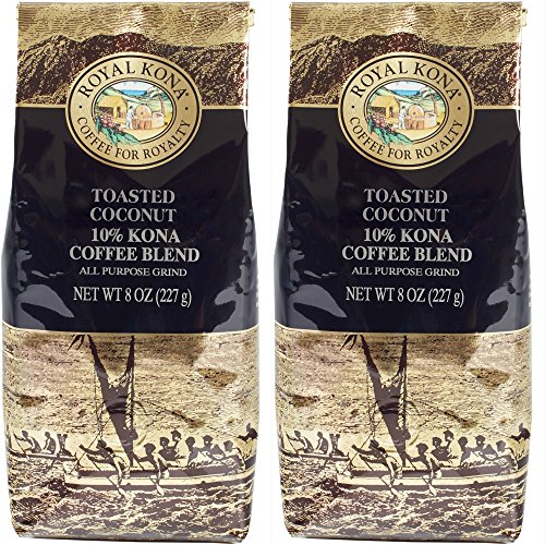 Royal Kona 10% Kona Coffee Blend, Toasted Coconut - 2 Pack Ground Coffee (2 x 8 Ounce)