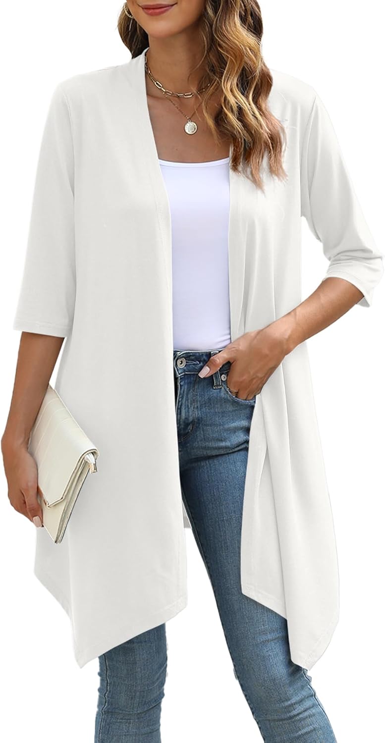 Women's Open Front Cardigan Lightweight Soft Knit 3/4 Sleeve High-Low Draped Hem Loose Casual Duster