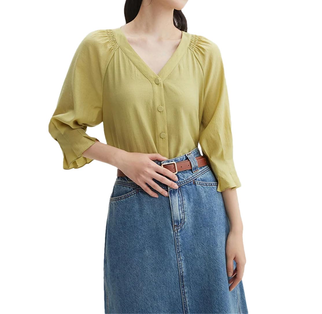 Camicia versatile da donna con scollo a V tinta unita mezza manica slim pullover casual camicette top