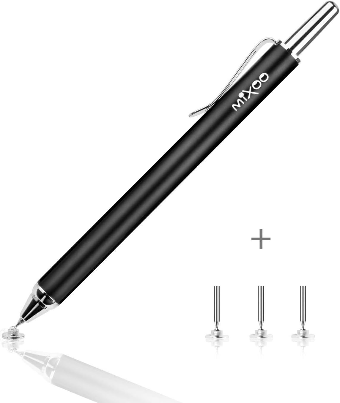 Mixoo Retractable Precision Stylus Pen - Universal Capacitive Stylus with 3 Replacement Disc Tips Drawing Handwriting for iPad iPhone Samsung Galaxy Tablet and Other Touch Screen Devices (Black)