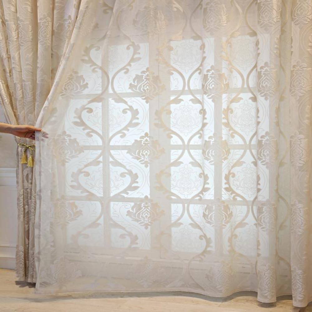 Elegancki zestaw przezroczystych zasłon 2 szt., 140 x 260 cm, kremowe zasłony na przelotkach z romantycznym barokowym wzorem, półprzezroczyste zasłony filtrujące światło do wystroju domu w stylu