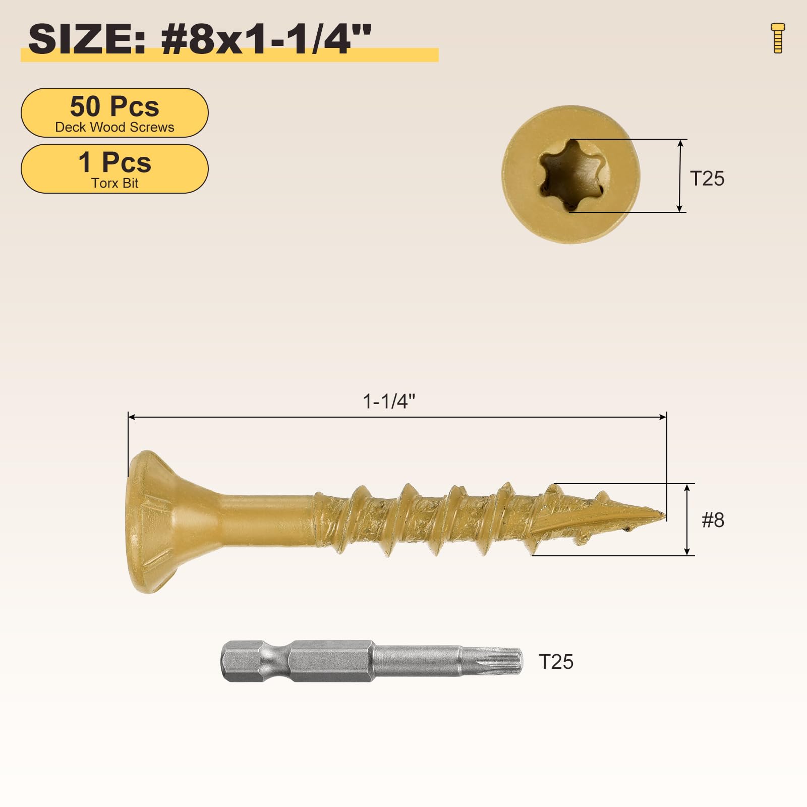 METALLIXITY Deck Screws (#8x1-1/4") 50Pcs, Carbon Steel Wood Screw Decking Screws Epoxy Coated with T25 Torx Drive Head - Image 2
