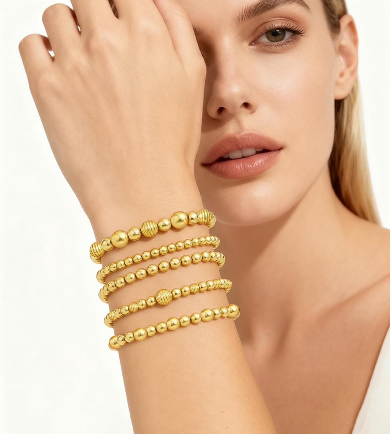 Gold Bracelets for Women Waterproof, 14K Gold Plated Beaded Cross Bracelets Set,Boho Stretch Bracelets Stackable Jewelry for Women Teenage Girls Jewelry Christmas Gifts - Image 2