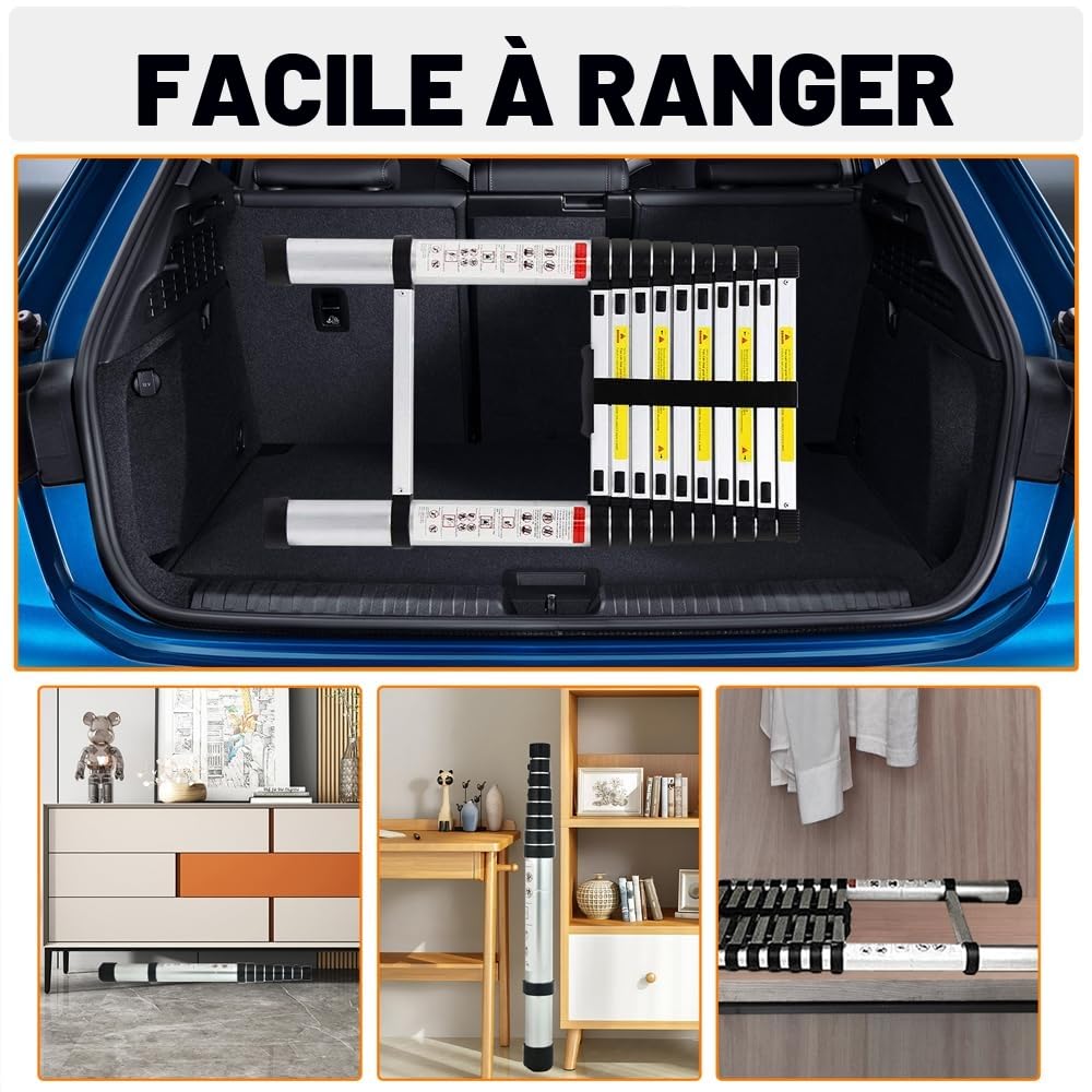 Échelle télescopique en acier de 3,2 m, antidérapante, avec 11 échelons, facile à transporter, charge de 150 kg