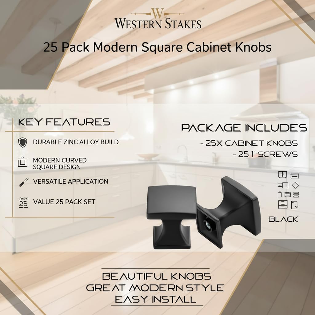 Western Stakes 25 Pack Modern Square Cabinet Knobs – Solid Zinc Alloy Curved Drawer Pulls for Kitchen Cabinets, Dressers, Cupboards & Furniture Hardware Handles (Matte Black, 25 Pack)