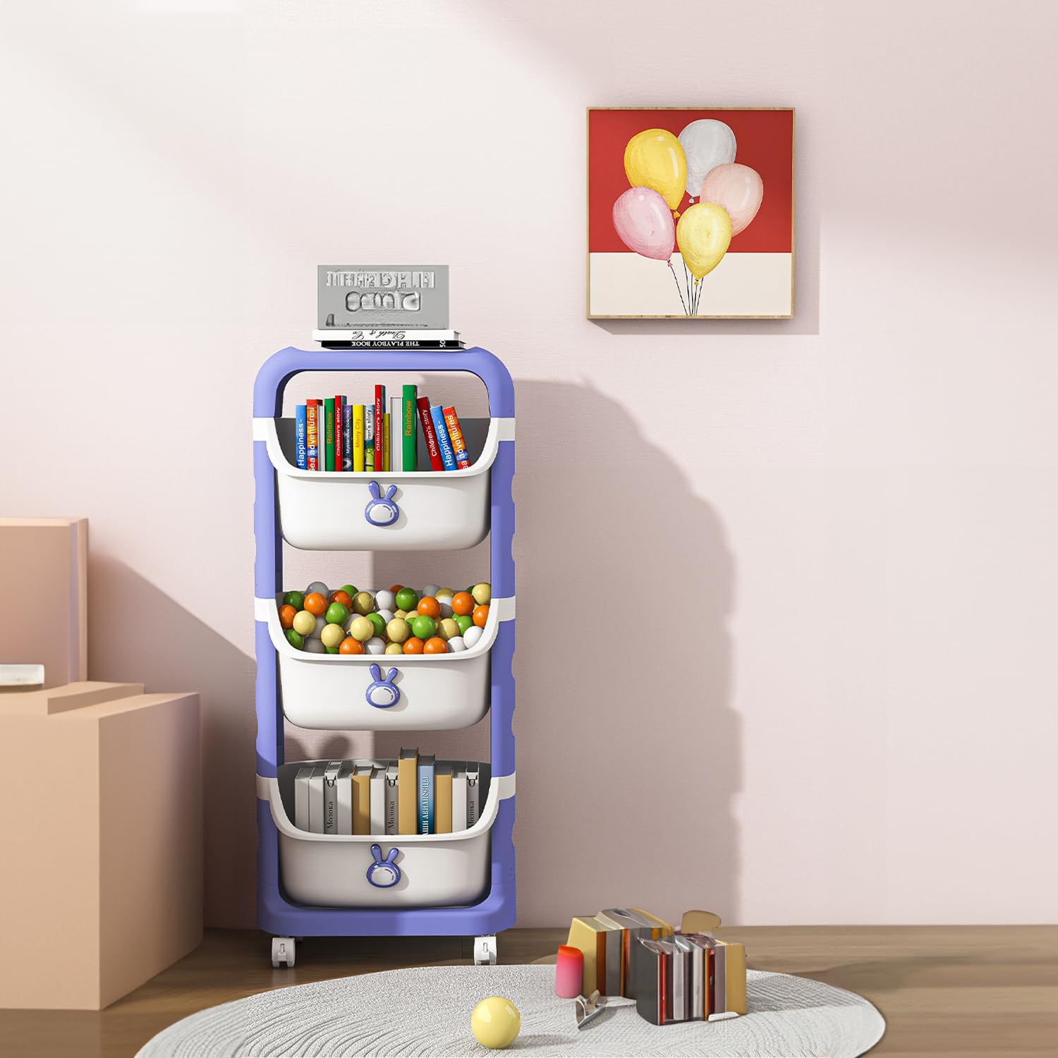 Occuwzz Toy Storage Organizer with Rolling Wheels, 3 Tier Storage Bins Kids Storage Organizer for Toys Toddler Bedroom Furniture for Toys Doll Activity Shelf - Durable Plastic Bins(Blue)