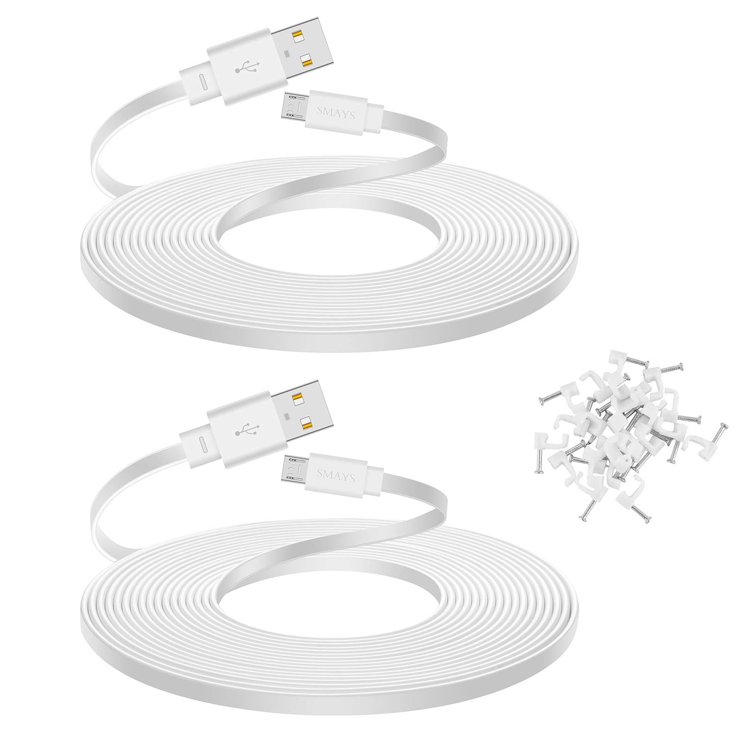 Smays 2-Pack 25 ft Extension Cable for WYZE Cam v4, WYZE Cam v3 and v3 Pro Camera, Long Flat Micro USB Cord, White