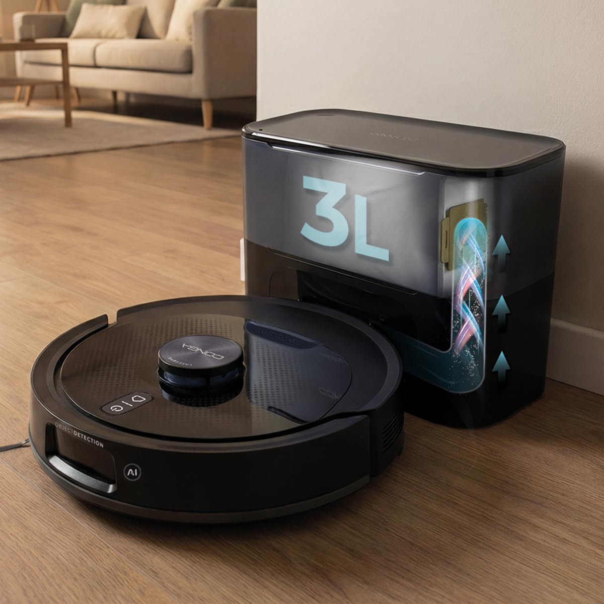 Cecotec Robot Aspirapolvere e Lavapavimenti Base Autosvuotamento Conga Y90 Dark. Navigazione Laser, 25000Pa, Auton. 240min, Spazzola Silicone Pet, Sacco 3L, Bluetooth WiFi, App, Pulizia Senza Pensieri