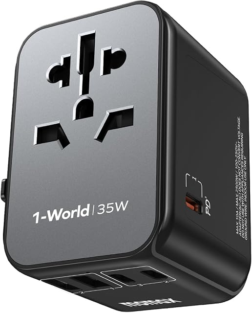 MOMAX International Plug Adapter, PD 35W(Single Port) Travel Power Adapter, Universal Charger Adapter with 3USB-C+2USB-A, All in One Universal Outlet Adapter for Tablet/Phone, US/EU/UK/AU World